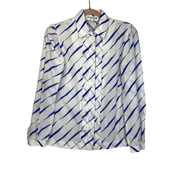 Vintage The Wilroy Traveller White & Blue Stripes Long Sleeve Button Up Blouse 8 - Picture 1 of 10